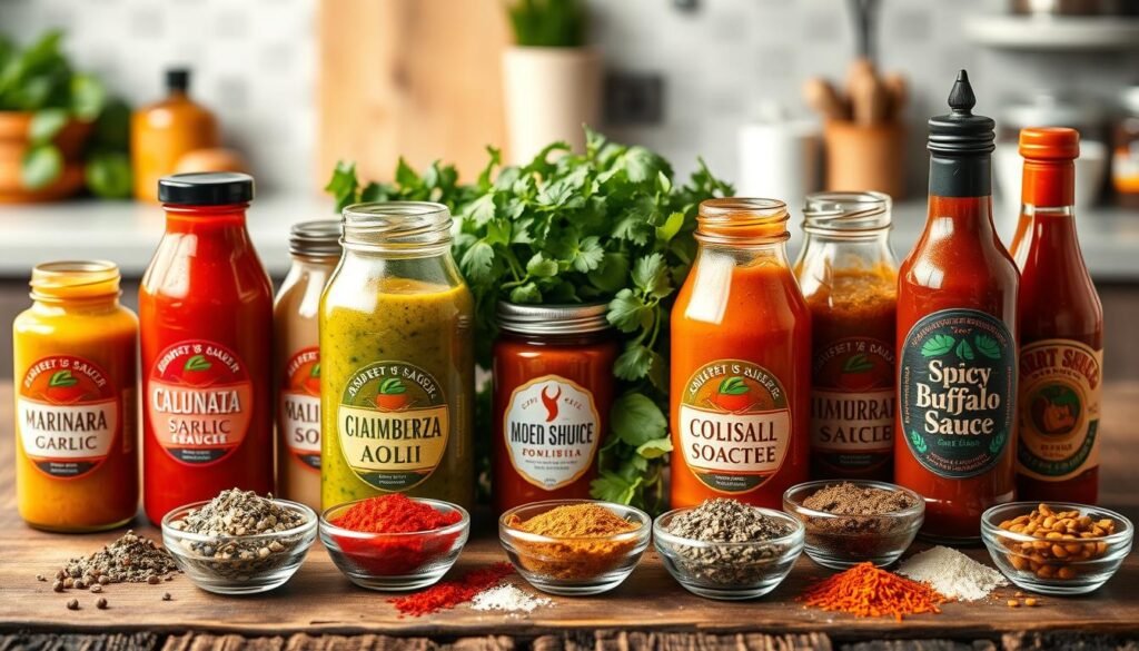 A vibrant assortment of sauces, seasonings, and flavor boosters beautifully arranged on a rustic wooden table. In the foreground, various glass jars filled with colorful sauces—like rich marinara, creamy garlic aioli, zesty chimichurri, and spicy buffalo sauce—are showcased, their labels clearly visible. Surrounding the jars are small bowls containing an array of spices and seasonings such as paprika, garlic powder, oregano, and chili flakes, adding texture and variety. In the middle background, fresh herbs like basil and cilantro provide a natural touch, while a blurred kitchen setting creates a warm, inviting atmosphere. Soft, diffused lighting highlights the vibrant colors of the sauces, enhancing visual appeal. The mood is appetizing and cozy, perfect for enticing food lovers. A vibrant assortment of sauces, seasonings, and flavor boosters beautifully arranged on a rustic wooden table. In the foreground, various glass jars filled with colorful sauces—like rich marinara, creamy garlic aioli, zesty chimichurri, and spicy buffalo sauce—are showcased, their labels clearly visible. Surrounding the jars are small bowls containing an array of spices and seasonings such as paprika, garlic powder, oregano, and chili flakes, adding texture and variety. In the middle background, fresh herbs like basil and cilantro provide a natural touch, while a blurred kitchen setting creates a warm, inviting atmosphere. Soft, diffused lighting highlights the vibrant colors of the sauces, enhancing visual appeal. The mood is appetizing and cozy, perfect for enticing food lovers.