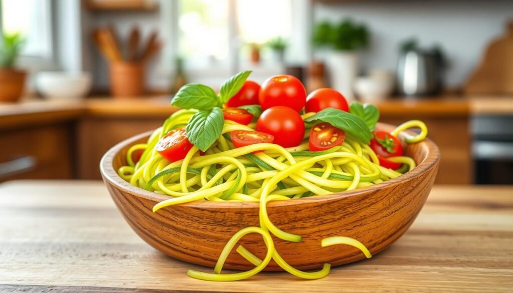 A vibrant bowl of zucchini noodles artfully arranged in a rustic wooden dish, topped with cherry tomatoes, fresh basil, and a light drizzle of olive oil. In the foreground, the bright green, spiralized noodles are presented against a contrasting textured surface, enhancing their fresh appeal. The middle layer features colorful garnishes, capturing attention with their vibrant hues. The background softly fades into a cozy kitchen setting, with a warm, inviting atmosphere created by natural light filtering through a window, highlighting the wholesome ingredients. The scene is set from a slight overhead angle, emphasizing the dish's artistry and inviting viewers to appreciate a nutritious meal option. The overall mood is fresh, healthy, and appetizing, perfect for a modern culinary experience. A vibrant bowl of zucchini noodles artfully arranged in a rustic wooden dish, topped with cherry tomatoes, fresh basil, and a light drizzle of olive oil. In the foreground, the bright green, spiralized noodles are presented against a contrasting textured surface, enhancing their fresh appeal. The middle layer features colorful garnishes, capturing attention with their vibrant hues. The background softly fades into a cozy kitchen setting, with a warm, inviting atmosphere created by natural light filtering through a window, highlighting the wholesome ingredients. The scene is set from a slight overhead angle, emphasizing the dish's artistry and inviting viewers to appreciate a nutritious meal option. The overall mood is fresh, healthy, and appetizing, perfect for a modern culinary experience.