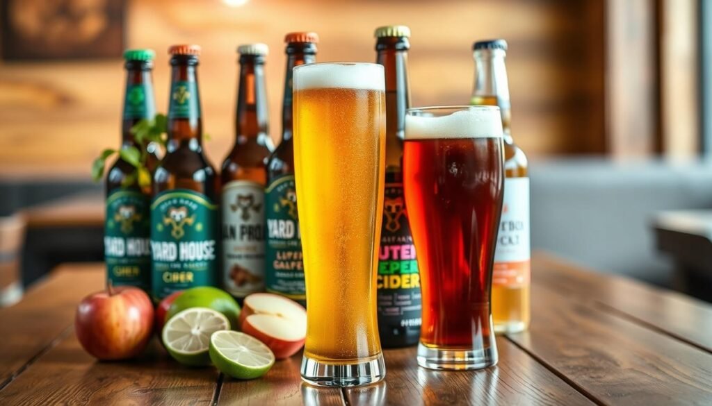 A vibrant display of gluten-free beverages from Yard House, featuring a variety of beers and ciders arranged artfully on a rustic wooden table. In the foreground, showcase a tall, chilled glass of golden gluten-free beer, accompanied by a dark amber cider in a sleek glass. Add a few bottles of different craft gluten-free beers and ciders in the background, partially obscured by fresh limes and apples for a natural touch. Soft, warm lighting creates an inviting atmosphere, while a blurred background hints at a cozy pub setting with wooden decor. Capture the image from a slightly elevated angle, emphasizing the variety and richness of the drinks while maintaining focus on the featured glasses. The mood should be lively and refreshing, ideal for a social gathering.