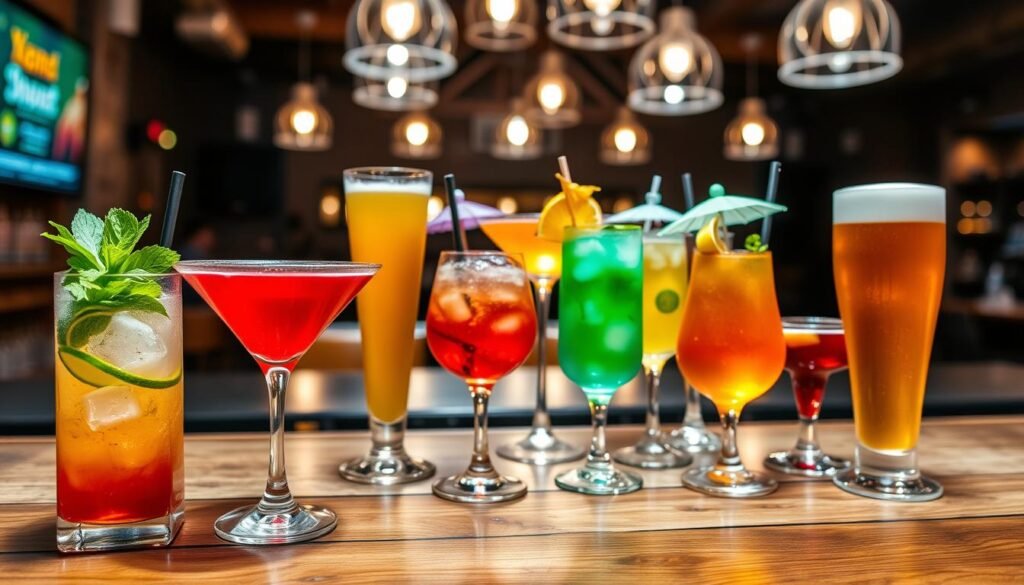 A vibrant display of popular drinks at Yard House, showcasing a variety of colorful cocktails and classic beverages on a rustic wooden bar. In the foreground, a beautifully garnished mojito with fresh mint and lime slices, a bright red cosmopolitan with a twist of lemon, and a tall glass of golden beer with a foamy head. In the middle, a selection of signature cocktails in ornate glasses, complete with garnishes and umbrellas, reflecting the lively atmosphere. The background features the warm ambiance of the bar, illuminated by soft pendant lights casting a cozy glow. The scene conveys a fun and elegant mood, perfect for a casual gathering. Capture the image with a slightly blurred depth of field to emphasize the drinks in the foreground. A vibrant display of popular drinks at Yard House, showcasing a variety of colorful cocktails and classic beverages on a rustic wooden bar. In the foreground, a beautifully garnished mojito with fresh mint and lime slices, a bright red cosmopolitan with a twist of lemon, and a tall glass of golden beer with a foamy head. In the middle, a selection of signature cocktails in ornate glasses, complete with garnishes and umbrellas, reflecting the lively atmosphere. The background features the warm ambiance of the bar, illuminated by soft pendant lights casting a cozy glow. The scene conveys a fun and elegant mood, perfect for a casual gathering. Capture the image with a slightly blurred depth of field to emphasize the drinks in the foreground.