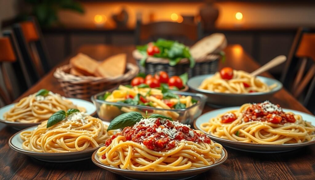 A vibrant, enticing display of various pasta options showcased on a elegantly set wooden table. In the foreground, a diverse array of pastas is artfully arranged: spaghetti, penne, and fettuccine, each adorned with fresh basil, a sprinkle of parmesan cheese, and rich tomato sauce. The middle ground features a colorful garden salad with cherry tomatoes and greens, along with a rustic bread basket. In the background, soft, warm lighting creates a cozy, inviting atmosphere, enhancing the textures and colors of the dishes. The scene is viewed from a slightly elevated angle, allowing for a comprehensive and appealing perspective, capturing the essence of Italian-American cuisine. The overall mood is warm, inviting, and appetizing, perfect for a family dining experience.