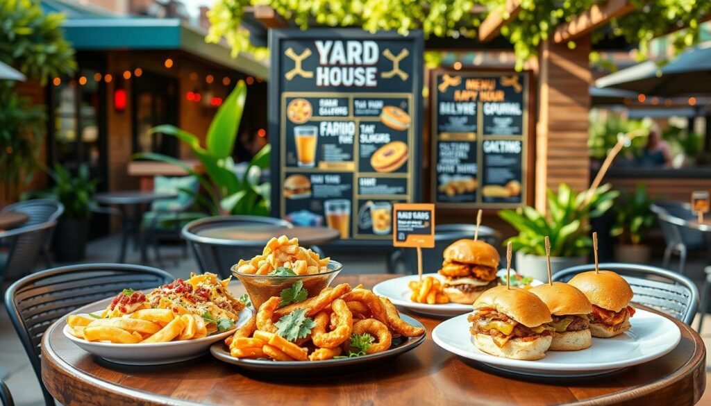 A vibrant, inviting image of an outdoor patio at the Yard House restaurant showcasing a beautifully designed menu featuring top happy hour appetizers and food deals. In the foreground, a stylish wooden table displays an array of colorful dishes, including loaded nachos, crispy calamari, and gourmet sliders, artfully arranged on elegant plates. The middle ground reveals a decorated menu board, with eye-catching graphics illustrating various food specials and drink deals. The background features a sunny atmosphere with soft, golden lighting, creating a warm and welcoming mood, complemented by lush green plants and outdoor seating. The image should convey a sense of festivity and joy, emphasizing the relaxed yet upscale dining experience. No text or watermarks are present in the image. A vibrant, inviting image of an outdoor patio at the Yard House restaurant showcasing a beautifully designed menu featuring top happy hour appetizers and food deals. In the foreground, a stylish wooden table displays an array of colorful dishes, including loaded nachos, crispy calamari, and gourmet sliders, artfully arranged on elegant plates. The middle ground reveals a decorated menu board, with eye-catching graphics illustrating various food specials and drink deals. The background features a sunny atmosphere with soft, golden lighting, creating a warm and welcoming mood, complemented by lush green plants and outdoor seating. The image should convey a sense of festivity and joy, emphasizing the relaxed yet upscale dining experience. No text or watermarks are present in the image.