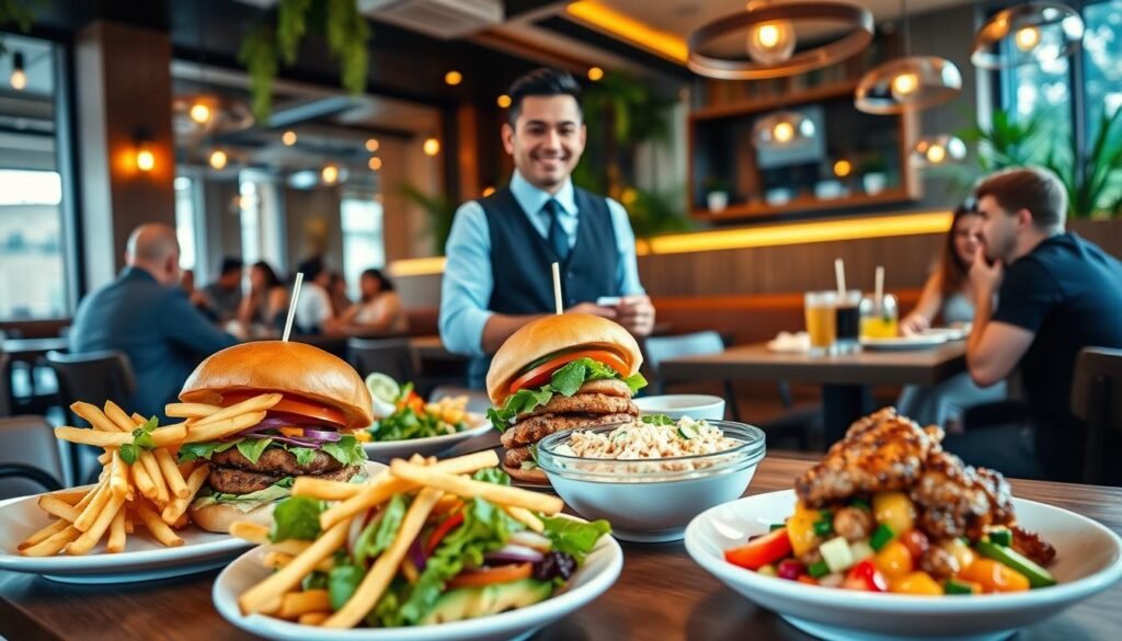 A vibrant lunch setting at a modern restaurant highlighting an array of delicious lunch specials. In the foreground, a beautifully arranged table features a variety of dishes: a gourmet burger with crispy fries, a fresh avocado salad, and a colorful bowl of poke. The middle ground showcases a friendly server in professional attire presenting a special of the day, a succulent chicken sandwich, while diners enjoy their meals, engaged in conversation. In the background, stylish decor with warm lighting creates an inviting atmosphere, with greenery and ambient details enhancing the scene. The image captures a lively yet relaxed mood, focusing on delicious food and a social dining experience. The lighting is bright and natural, evoking a cheerful lunchtime vibe, with a slightly tilted camera angle for added depth.