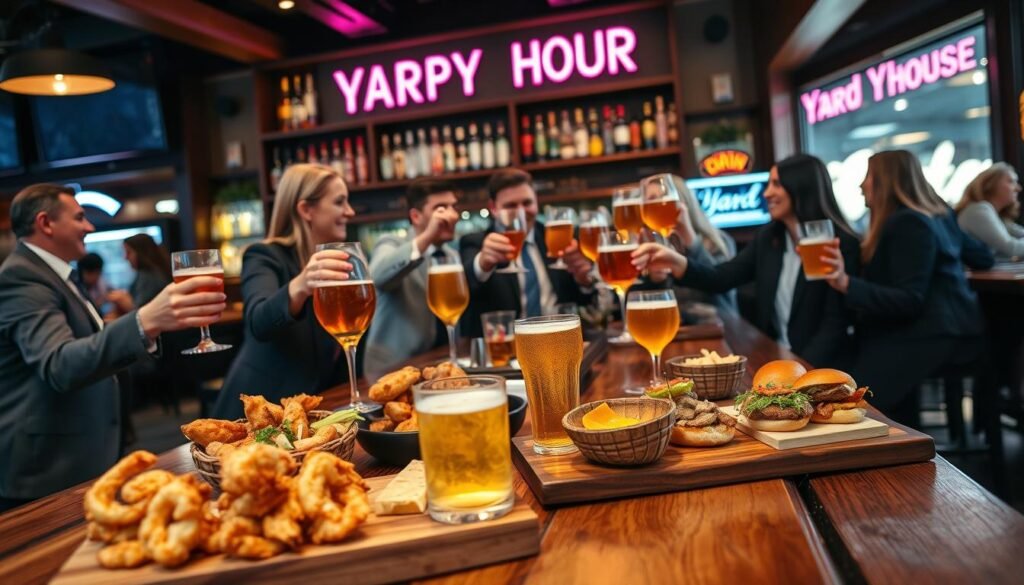 A vibrant scene of a lively restaurant bar during happy hour. In the foreground, a beautifully crafted wooden table displays an array of gourmet appetizers, such as crispy calamari, sliders, and an artisanal cheese platter, paired with refreshing craft beers served in frosty glasses. In the middle, a group of professionals in smart casual attire are engaged in cheerful conversation, raising their glasses in a toast, capturing the atmosphere of camaraderie and enjoyment. The background features a well-stocked bar adorned with vibrant liquor bottles and neon happy hour signage. Soft, warm lighting creates a welcoming ambiance, and the camera angle is slightly elevated, providing a dynamic view of the scene, inviting viewers to experience the happiness and allure of dining at Yard House. A vibrant scene of a lively restaurant bar during happy hour. In the foreground, a beautifully crafted wooden table displays an array of gourmet appetizers, such as crispy calamari, sliders, and an artisanal cheese platter, paired with refreshing craft beers served in frosty glasses. In the middle, a group of professionals in smart casual attire are engaged in cheerful conversation, raising their glasses in a toast, capturing the atmosphere of camaraderie and enjoyment. The background features a well-stocked bar adorned with vibrant liquor bottles and neon happy hour signage. Soft, warm lighting creates a welcoming ambiance, and the camera angle is slightly elevated, providing a dynamic view of the scene, inviting viewers to experience the happiness and allure of dining at Yard House.