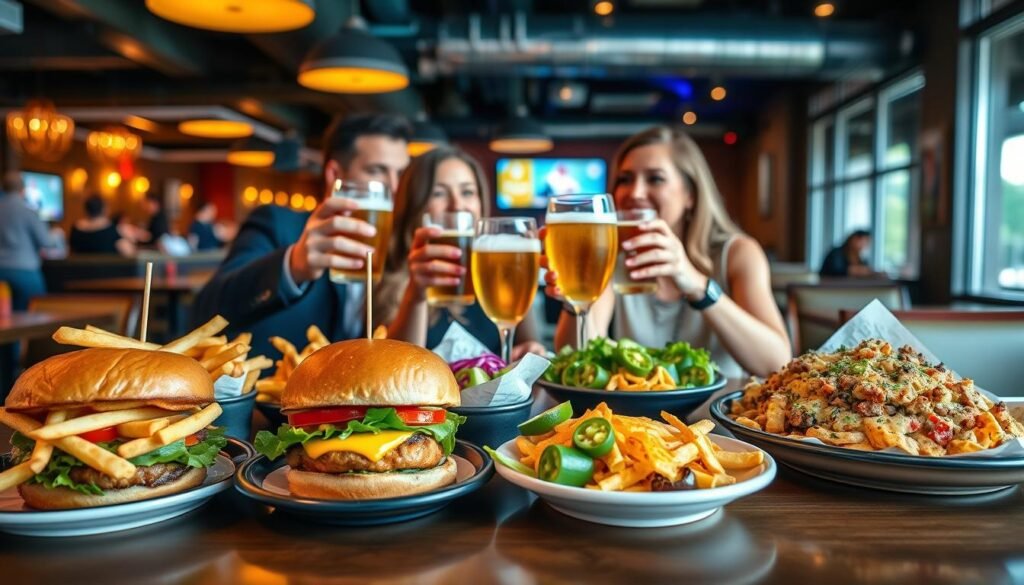 A vibrant table setting at a trendy American restaurant, showcasing an array of customer favorite dishes from the Yard House lunch menu. In the foreground, a beautifully plated burger with crispy fries, a colorful salad bursting with fresh vegetables, and a plate of loaded nachos topped with jalapeños and cheese, all artfully arranged. In the middle, two patrons in professional casual attire are cheering with their drinks, reflecting a joyful dining atmosphere, while softly smiling and engaged in conversation. The background features a lively restaurant scene with warm ambient lighting, and tasteful decor that creates an inviting and energetic vibe. Capture the essence of satisfaction and community, emphasizing the appetizing food and the delightful experience of shared moments.