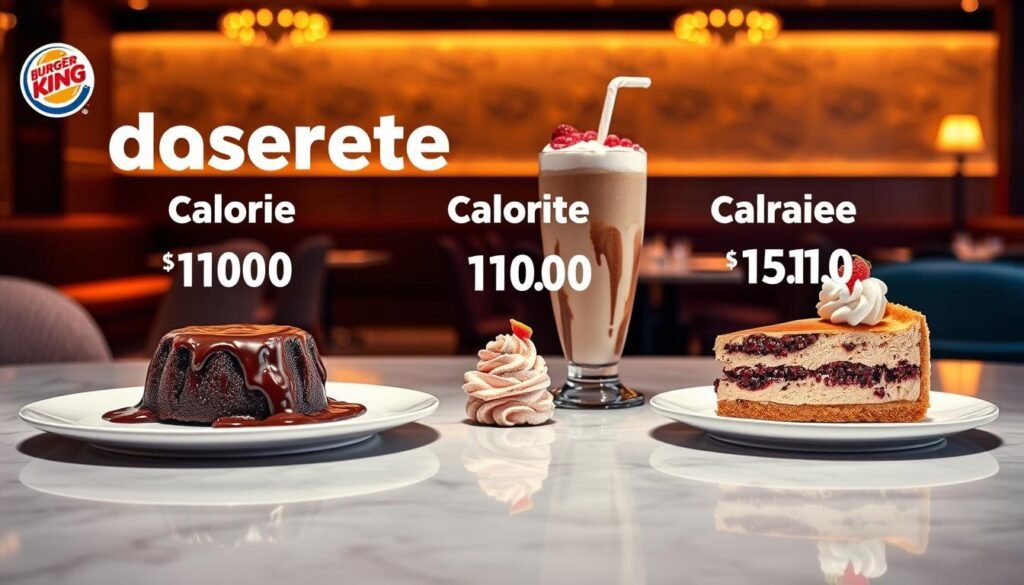 A visually appealing, high-resolution image of Burger King's dessert offerings, showcasing their calorie content. The foreground features a beautifully plated assortment of desserts, including a chocolate lava cake, a milkshake, and a piece of cheesecake, all presented on a sleek, modern tabletop. The middle ground highlights the calorie information for each dessert, displayed in a clean, legible manner. The background depicts a softly lit, elegant dining environment, with warm lighting and subtle textures, creating an inviting and appetizing atmosphere. The overall composition should convey the decadence and indulgence of Burger King's dessert menu, while also informing the viewer of the calorie content of these items.