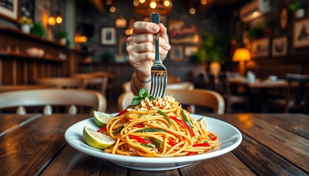 A visually appealing presentation of a plate of pad thai, garnished with fresh lime wedges and crushed peanuts, set on a rustic wooden table. In the foreground, the dish is displayed prominently, with vibrant colors of the noodles and vegetables capturing attention. The middle layer features a hand holding a fork, poised to take a bite, while the background shows an inviting restaurant interior with soft lighting and cozy decorations, creating a warm and welcoming atmosphere. The scene conveys a sense of casual dining enjoyment, with a focus on the culinary experience and the pricing of pad thai dishes. Use natural light to highlight the textures and details of the food, ensuring clarity and richness in color. Aim for a slightly elevated angle that showcases the dish's appeal and conveys a sense of indulgence. A visually appealing presentation of a plate of pad thai, garnished with fresh lime wedges and crushed peanuts, set on a rustic wooden table. In the foreground, the dish is displayed prominently, with vibrant colors of the noodles and vegetables capturing attention. The middle layer features a hand holding a fork, poised to take a bite, while the background shows an inviting restaurant interior with soft lighting and cozy decorations, creating a warm and welcoming atmosphere. The scene conveys a sense of casual dining enjoyment, with a focus on the culinary experience and the pricing of pad thai dishes. Use natural light to highlight the textures and details of the food, ensuring clarity and richness in color. Aim for a slightly elevated angle that showcases the dish's appeal and conveys a sense of indulgence.