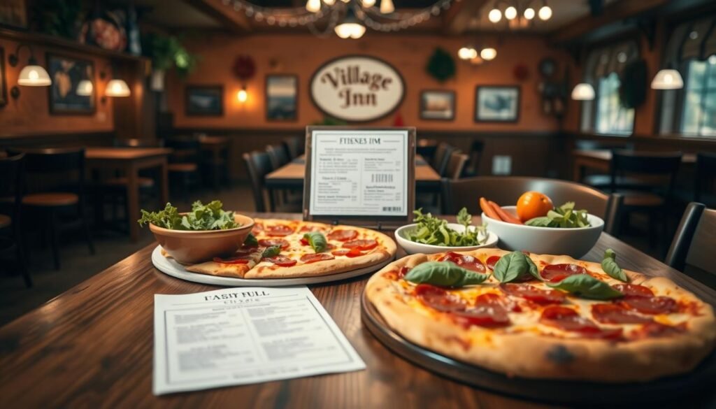 A visually appealing restaurant setting depicting the interior of a Village Inn, focusing on a wooden table displaying a variety of pizzas, fresh ingredients, and a menu that outlines prices and nutritional information, such as calories and ingredients. In the foreground, a colorful pepperoni pizza topped with fresh basil sits enticingly next to a fresh salad bowl. In the middle ground, a detailed menu with highlighted prices and calorie counts is elegantly arranged, showcasing the offerings. The background features a warm and inviting dining area with soft ambient lighting, vintage wooden decor, and cozy seating. Capture the atmosphere of a friendly, family-oriented restaurant with a welcoming vibe. Use a soft focus to enhance the warmth, and employ a shallow depth of field to emphasize the pizza and menu details, ensuring a delicious, enticing presentation.