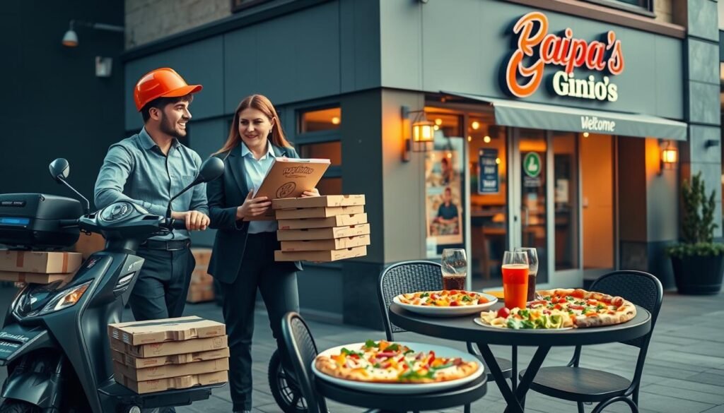A visually appealing scene depicting delivery options for a restaurant, with emphasis on Papa Gino's. In the foreground, a modern, professional male and female restaurant staff member, dressed in smart casual attire, enthusiastically discussing a menu while standing next to a delivery scooter and stacked pizza boxes. The middle layer features a cozy table set up for dine-in with well-presented plates of food, including pizza, salads, and pasta. The background showcases the exterior of a welcoming Papa Gino's restaurant, with warm lighting spilling onto the sidewalk, creating a friendly atmosphere. Soft natural light enhances the inviting feel of the setting, captured with a slightly elevated angle for depth. The mood is lively, encouraging community engagement and showcasing the different ordering options.