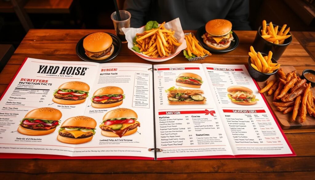 A visually engaging overhead view of a well-presented Yard House menu, featuring vibrant nutrition facts specifically for burgers, sandwiches, and sides. In the foreground, include an open, detailed menu showcasing colorful illustrations of popular dishes like burgers with fresh toppings, a variety of sandwiches, and appealing sides like fries and salads, all arranged on a rustic wooden table. The middle ground should feature nutrition information neatly presented beside each item, with icons highlighting calories, protein, and fat content. The background should softly fade into a warm, inviting ambiance of a casual dining restaurant, with subtle lighting that enhances the food’s colors. Aim for a clean, appetizing presentation that encourages healthy choices, maintaining an inviting atmosphere throughout the scene. A visually engaging overhead view of a well-presented Yard House menu, featuring vibrant nutrition facts specifically for burgers, sandwiches, and sides. In the foreground, include an open, detailed menu showcasing colorful illustrations of popular dishes like burgers with fresh toppings, a variety of sandwiches, and appealing sides like fries and salads, all arranged on a rustic wooden table. The middle ground should feature nutrition information neatly presented beside each item, with icons highlighting calories, protein, and fat content. The background should softly fade into a warm, inviting ambiance of a casual dining restaurant, with subtle lighting that enhances the food’s colors. Aim for a clean, appetizing presentation that encourages healthy choices, maintaining an inviting atmosphere throughout the scene.