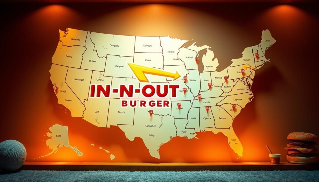 A visually striking map of the United States, showcasing the regional availability of In-N-Out Burger locations. The map is rendered in a realistic, hand-drawn style, with intricate details and textures that evoke a sense of authenticity. The map is illuminated by warm, soft lighting, creating a cozy, inviting atmosphere. The foreground features the iconic In-N-Out Burger logo, while the middle ground displays the state boundaries and the locations of the restaurants, each denoted by a small, detailed icon. The background features a subtle gradient, adding depth and dimension to the scene. The overall composition is balanced and harmonious, drawing the viewer's eye to the key information while maintaining a visually appealing aesthetic. A visually striking map of the United States, showcasing the regional availability of In-N-Out Burger locations. The map is rendered in a realistic, hand-drawn style, with intricate details and textures that evoke a sense of authenticity. The map is illuminated by warm, soft lighting, creating a cozy, inviting atmosphere. The foreground features the iconic In-N-Out Burger logo, while the middle ground displays the state boundaries and the locations of the restaurants, each denoted by a small, detailed icon. The background features a subtle gradient, adding depth and dimension to the scene. The overall composition is balanced and harmonious, drawing the viewer's eye to the key information while maintaining a visually appealing aesthetic.