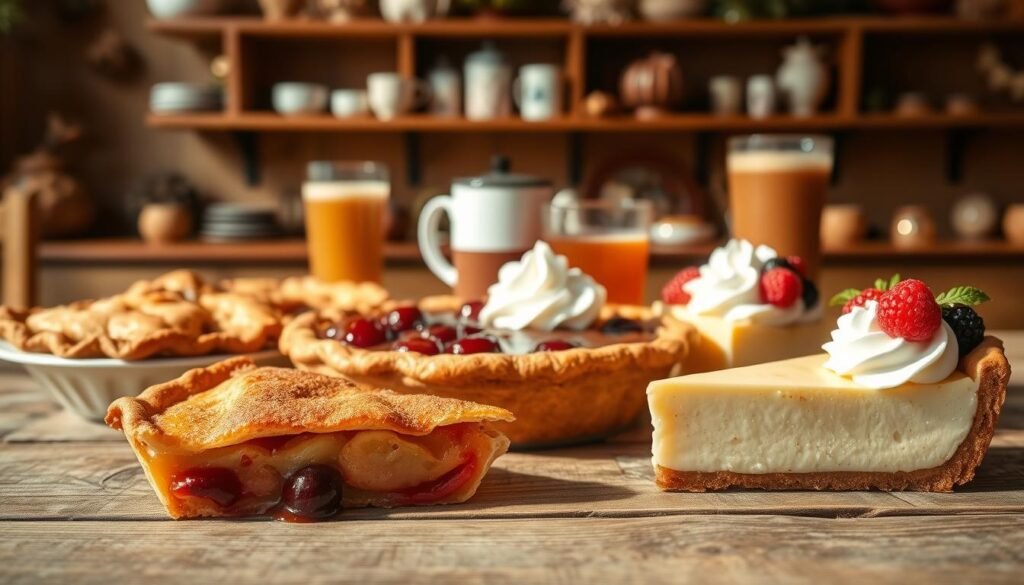 A warm and inviting still life of Village Inn pies, beautifully arranged on a rustic wooden table. In the foreground, a slice of classic apple pie with a golden crust and cinnamon dusting, a whole cherry pie glistening with syrup nearby. The middle ground features an assortment of desserts including a rich chocolate pie topped with whipped cream and a creamy cheesecake slice, garnished with fresh berries. In the background, soft-focus shelves display various beverages like freshly brewed coffee and iced tea, surrounded by cozy decorations. The lighting is warm and natural, reminiscent of a sunny afternoon, inviting a homely, comforting atmosphere. The scene captures the essence of a charming village inn, enticing viewers with its delicious offerings.