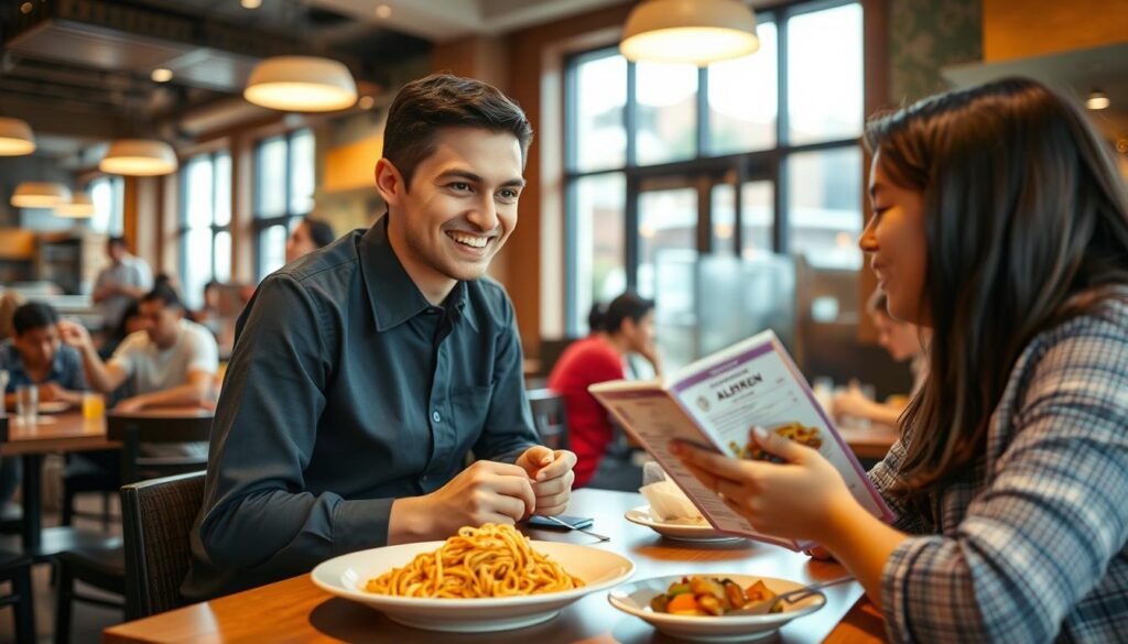 A warm, inviting restaurant interior showcasing a friendly team member in professional attire, smiling and engaging with a curious customer at a table. The foreground features the customer, a young adult, leaning slightly forward in interest, with a plate of noodles in front of them. The middle ground captures the team member, who is explaining the allergen menu, gesturing towards a colorful laminated menu. In the background, softly blurred, are other diners enjoying their meals and a view of the restaurant's open kitchen, enhancing the busy yet inviting atmosphere. Natural light filters in from large windows, casting a soft glow that adds an air of friendliness and approachability to the scene. A warm, inviting restaurant interior showcasing a friendly team member in professional attire, smiling and engaging with a curious customer at a table. The foreground features the customer, a young adult, leaning slightly forward in interest, with a plate of noodles in front of them. The middle ground captures the team member, who is explaining the allergen menu, gesturing towards a colorful laminated menu. In the background, softly blurred, are other diners enjoying their meals and a view of the restaurant's open kitchen, enhancing the busy yet inviting atmosphere. Natural light filters in from large windows, casting a soft glow that adds an air of friendliness and approachability to the scene.