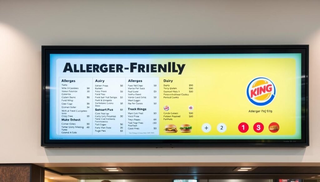 A well-lit, high-resolution image of a Burger King menu board featuring a prominent "Allergen-Friendly" section. The menu is displayed on a sleek, modern digital screen with a clean, minimalist design. The section is highlighted with a soft yellow background and clear icons denoting common allergens like dairy, gluten, and nuts. The menu items are presented in a clear, easy-to-read layout, emphasizing the variety of allergen-free options available. The overall atmosphere is professional, informative, and inviting, conveying Burger King's commitment to accommodating customers with dietary restrictions.