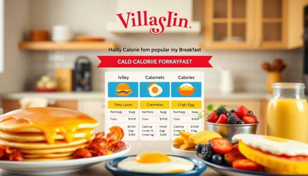 A well-organized infographic showcasing calorie information for popular breakfast items from Village Inn. In the foreground, display colorful, realistic illustrations of various breakfast foods like fluffy pancakes, crispy bacon, scrambled eggs, and fresh fruits arranged aesthetically. In the middle ground, feature a structured layout with clearly defined sections for each item, highlighting calorie counts and nutrition facts, using vibrant colors to differentiate categories. The background should be a soft, warm kitchen setting with natural lighting that invokes a cozy morning atmosphere, providing depth to the image. Use a shallow depth of field to draw attention to the food and nutritional info while softly blurring the background elements for a professional look.