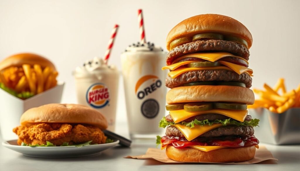 Burger King customer favorites, a mouthwatering array of iconic fast-food delights. In the foreground, a towering Whopper burger with its juicy beef patty, tangy pickles, and golden-brown bun, bathed in warm, golden lighting. Surrounding it, a selection of fan-favorite menu items, including the crispy, golden-fried chicken sandwich, the creamy and indulgent Oreo milkshake, and the savory, flame-broiled French fries, all arranged on a clean, minimalist backdrop that showcases their tempting details. The scene is captured with a wide-angle lens, creating a sense of depth and emphasizing the variety of Burger King's beloved offerings. The overall mood is one of appetizing allure, inviting the viewer to imagine the satisfying flavors and textures of these iconic Burger King classics.