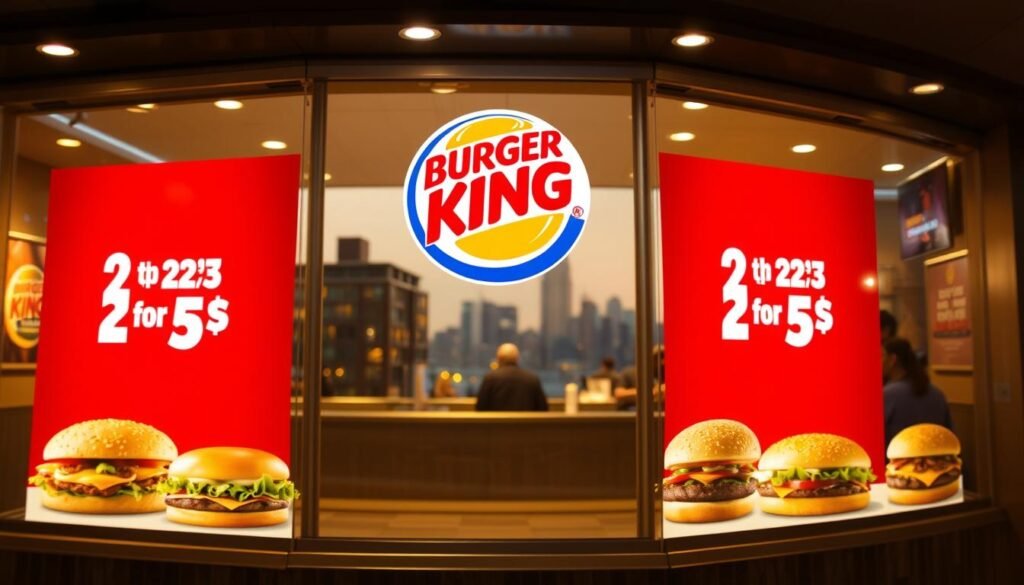Burger King promotional windows, illuminated by soft, warm lighting, showcasing a sleek, modern design. The foreground features a dynamic display of the "2 for $5" menu items, each item presented with vibrant colors and tantalizing textures. The middle ground showcases the Burger King logo, prominently displayed, conveying the brand's identity. In the background, a blurred cityscape provides a subtle urban context, hinting at the restaurant's location. The overall scene exudes a sense of inviting hospitality, drawing the viewer's attention to the featured menu deals and creating a visually captivating experience.