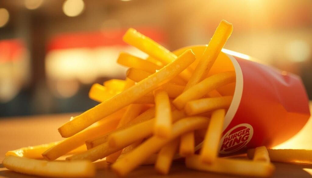 Freshly fried Burger King fries, golden and crisp, tumbling out of a classic red and white paper carton. The fries glisten with just a hint of salt, their aroma wafting temptingly. A warm, soft glow illuminates the scene, as if captured in the golden hour. The fries occupy the foreground, the background slightly blurred to focus attention. The lighting casts long shadows, adding depth and dimension. The overall mood is one of mouthwatering anticipation, the fries seemingly freshly prepared and bursting with flavor, ready to be enjoyed.