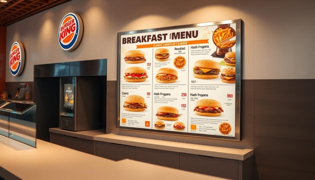 Sleek and modern Burger King counter, displaying a well-organized breakfast menu. The menu features high-resolution images of various breakfast items, including classic sandwiches, hash browns, and beverages. The lighting is warm and inviting, with soft shadows highlighting the textures and colors of the food. The camera angle is slightly elevated, providing a clear and unobstructed view of the menu. The overall atmosphere is clean, professional, and appetizing, enticing the viewer to explore the pricing and offerings of the Burger King breakfast menu.